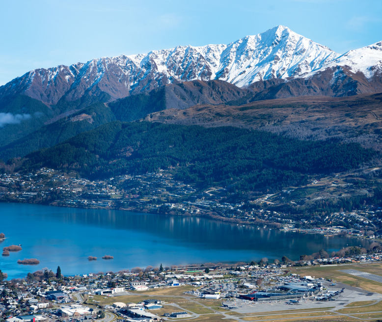 Aerial from Windy Point looking over Queenstown Airport in Winter 776 x 656